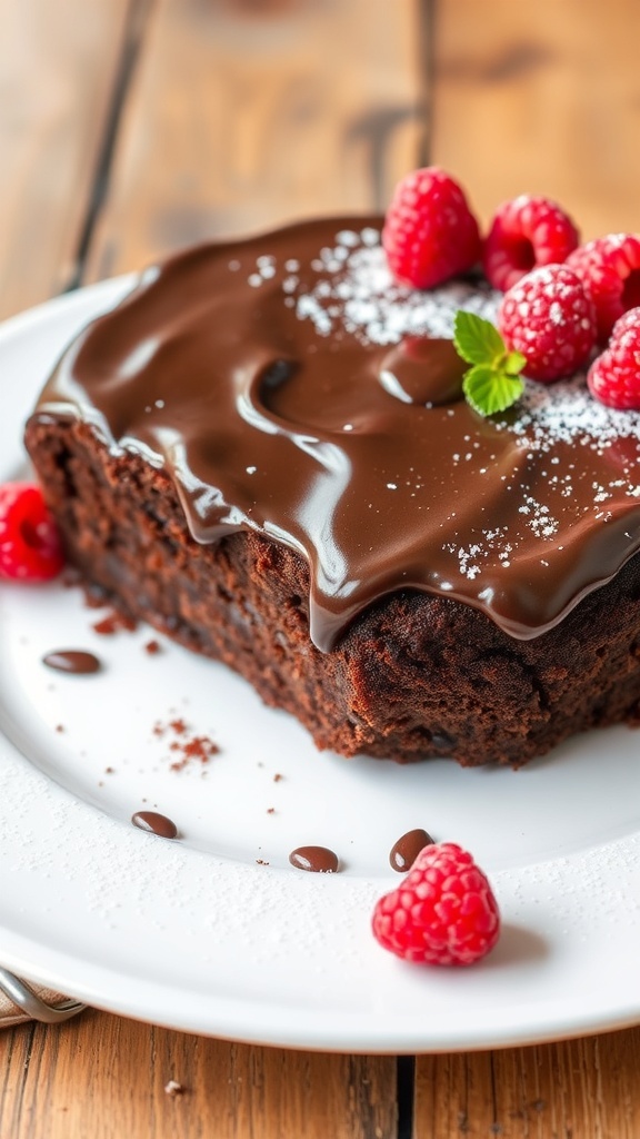 A flourless chocolate cake garnished with raspberries and powdered sugar on a rustic wooden table.